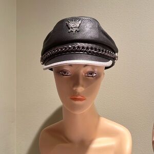 Boutique Faux Leather Hat In Black With Silver Trim Metal Chain And Badge O/S